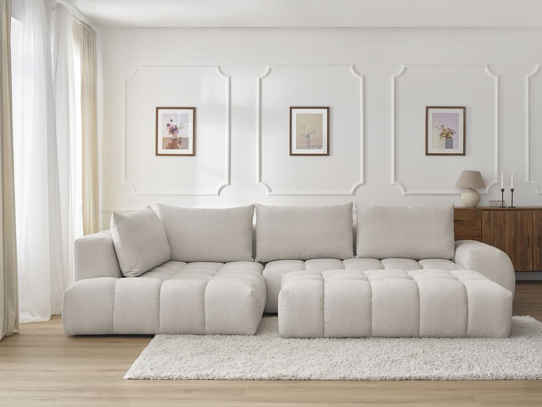 Canapé d'angle gauche EVEREST 4 coussins tissu texturé avec pouf