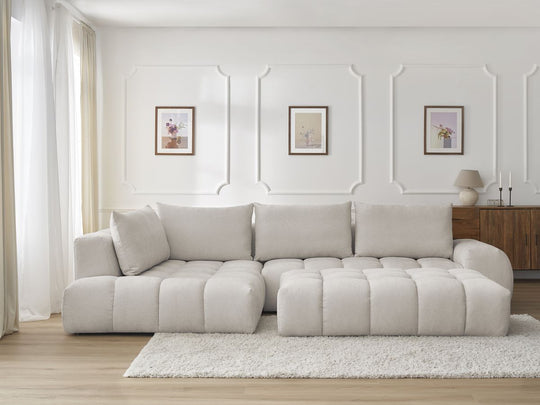 Canapé d'angle gauche EVEREST 4 coussins tissu texturé avec pouf