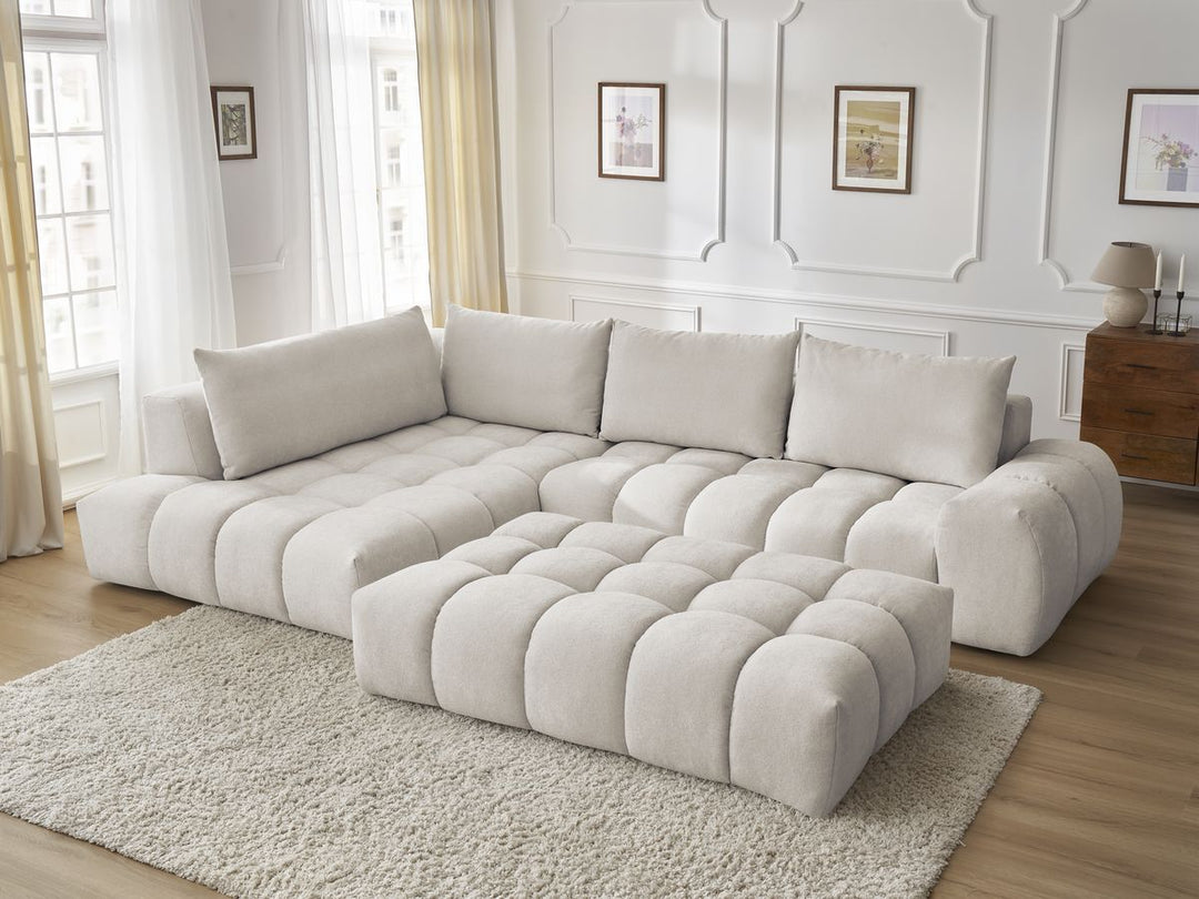 Canapé d'angle gauche EVEREST 4 coussins tissu texturé avec pouf