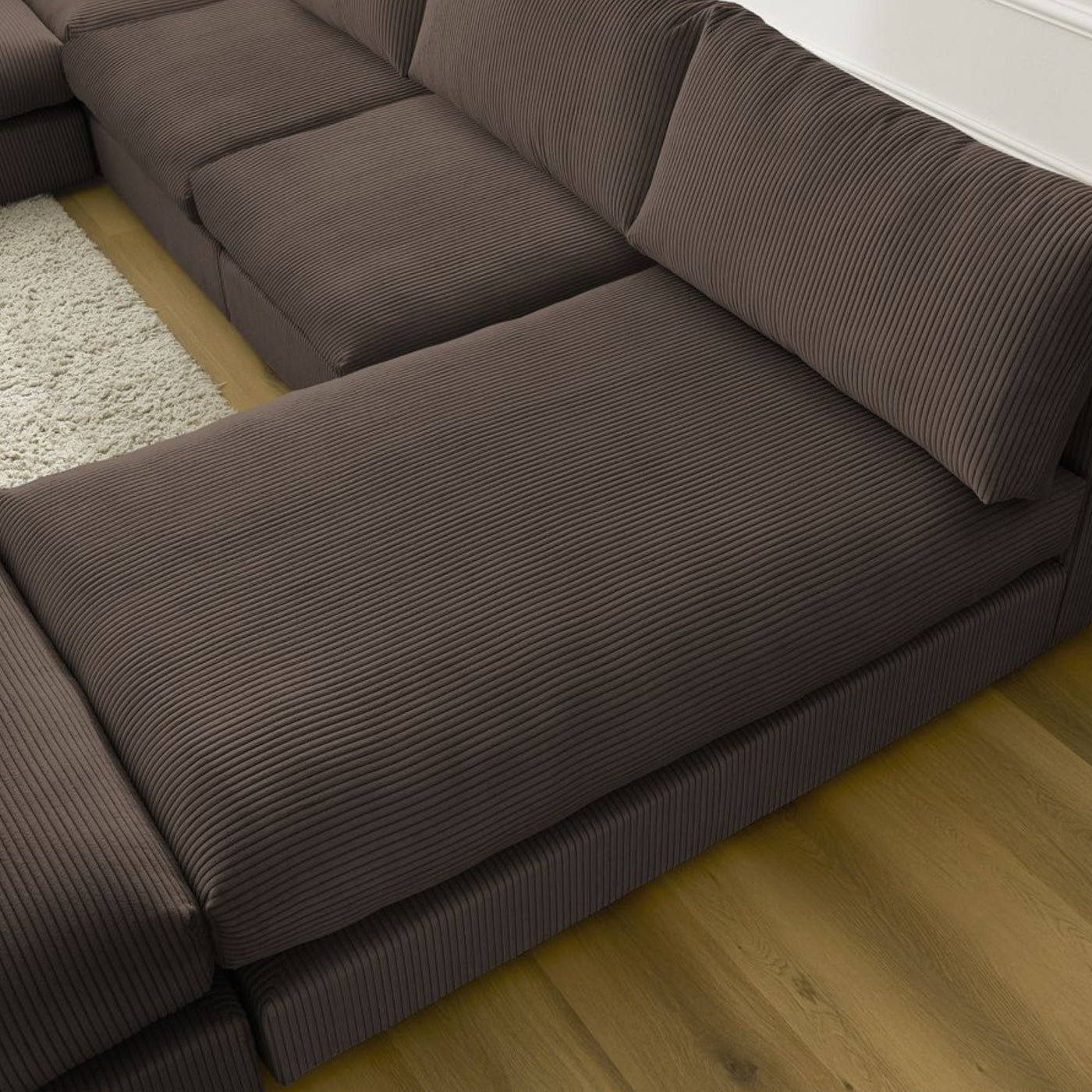 Canapé d'angle modulable BOBOCHIC Paris en velours côtelé Marron avec 3 chauffeuses, 1 méridienne, 1 angle, et 1 pouf