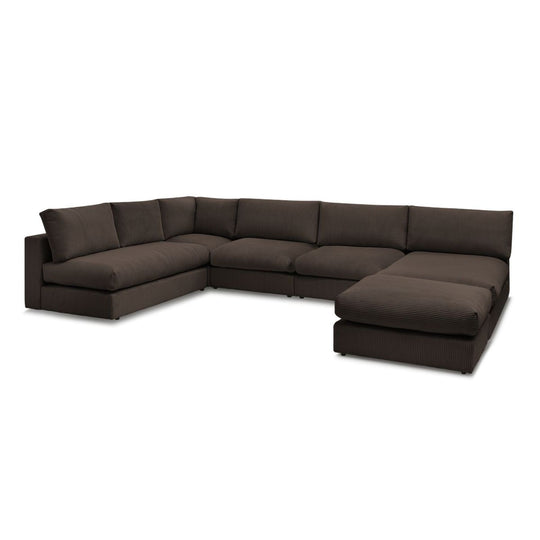 Canapé d'angle modulable BOBOCHIC Paris en velours côtelé Marron avec 3 chauffeuses, 1 méridienne, 1 angle, et 1 pouf