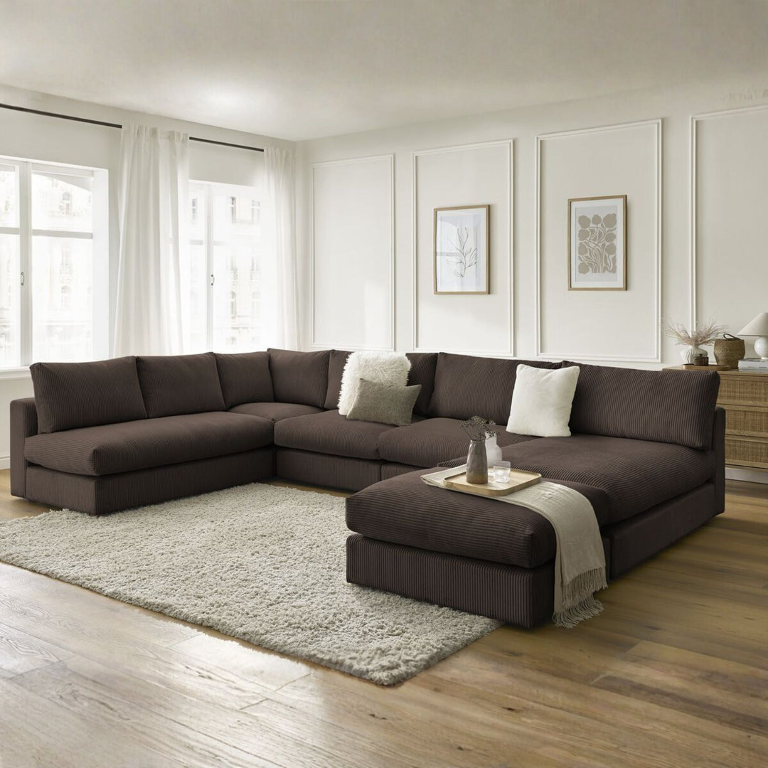 Canapé d'angle modulable BOBOCHIC Paris en velours côtelé Marron avec 3 chauffeuses, 1 méridienne, 1 angle, et 1 pouf