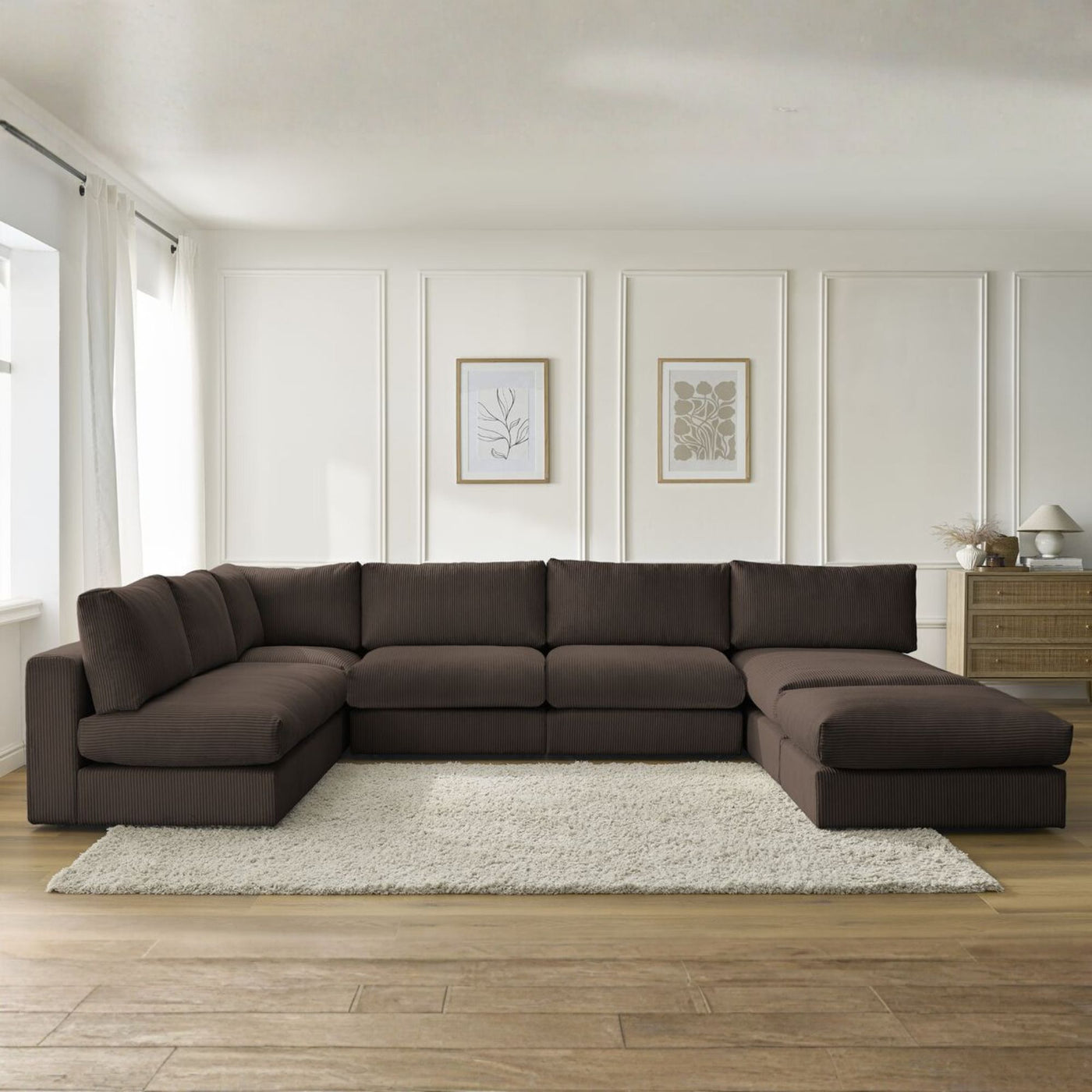 Canapé d'angle modulable BOBOCHIC Paris en velours côtelé Marron avec 3 chauffeuses, 1 méridienne, 1 angle, et 1 pouf