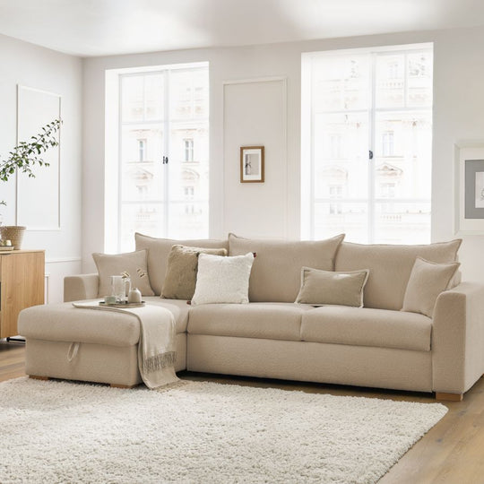 Canapé d'angle convertible BOBOCHIC Augustin ouverture express en tissu bouclette beige