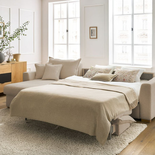 Canapé d'angle convertible BOBOCHIC Augustin ouverture express en tissu bouclette beige