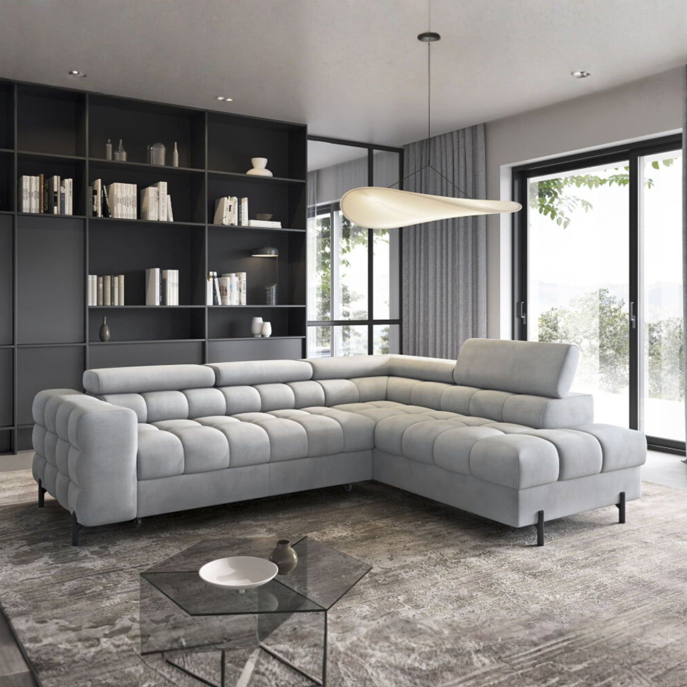 Canapé d'angle droit convertible ELTEP Ferucce 5 places en tissu gris