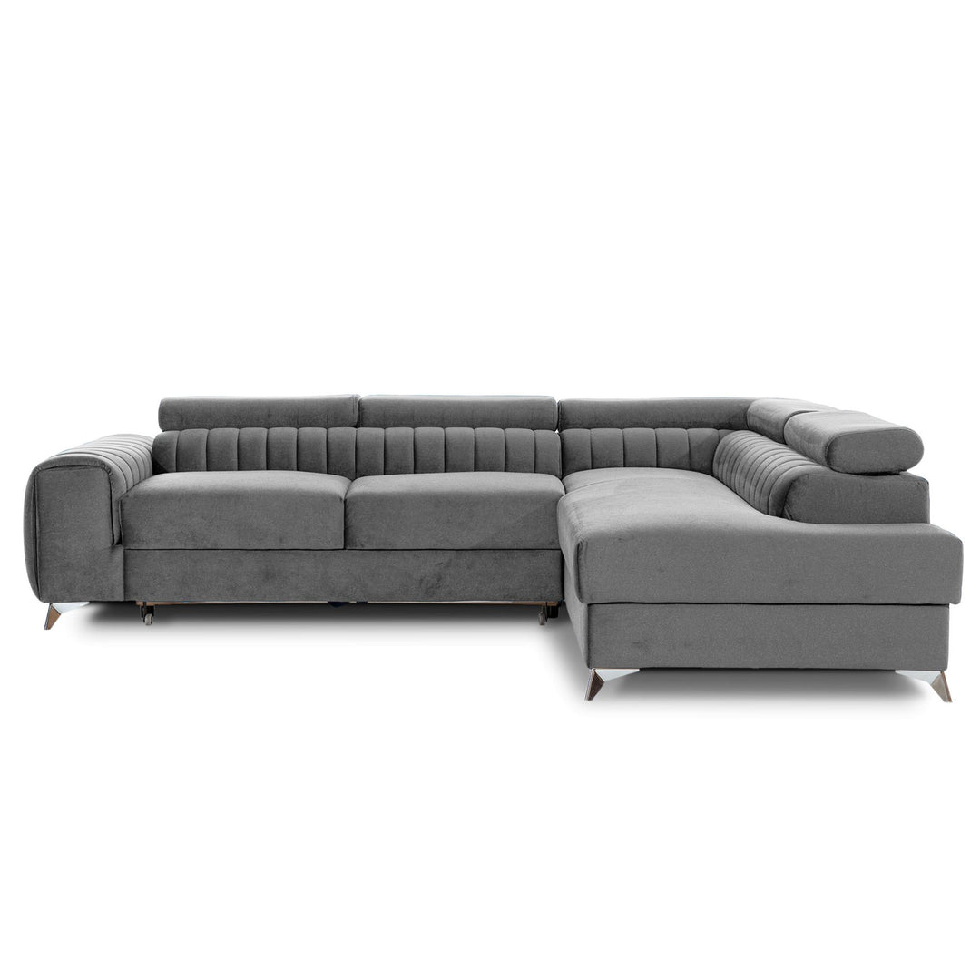 Canapé d'angle convertible LES TENDANCES Loza 5 places en velours Gris avec coffre