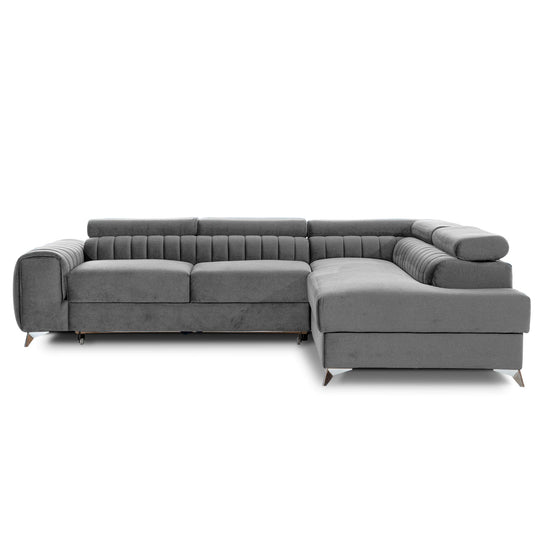 Canapé d'angle convertible LES TENDANCES Loza 5 places en velours Gris avec coffre