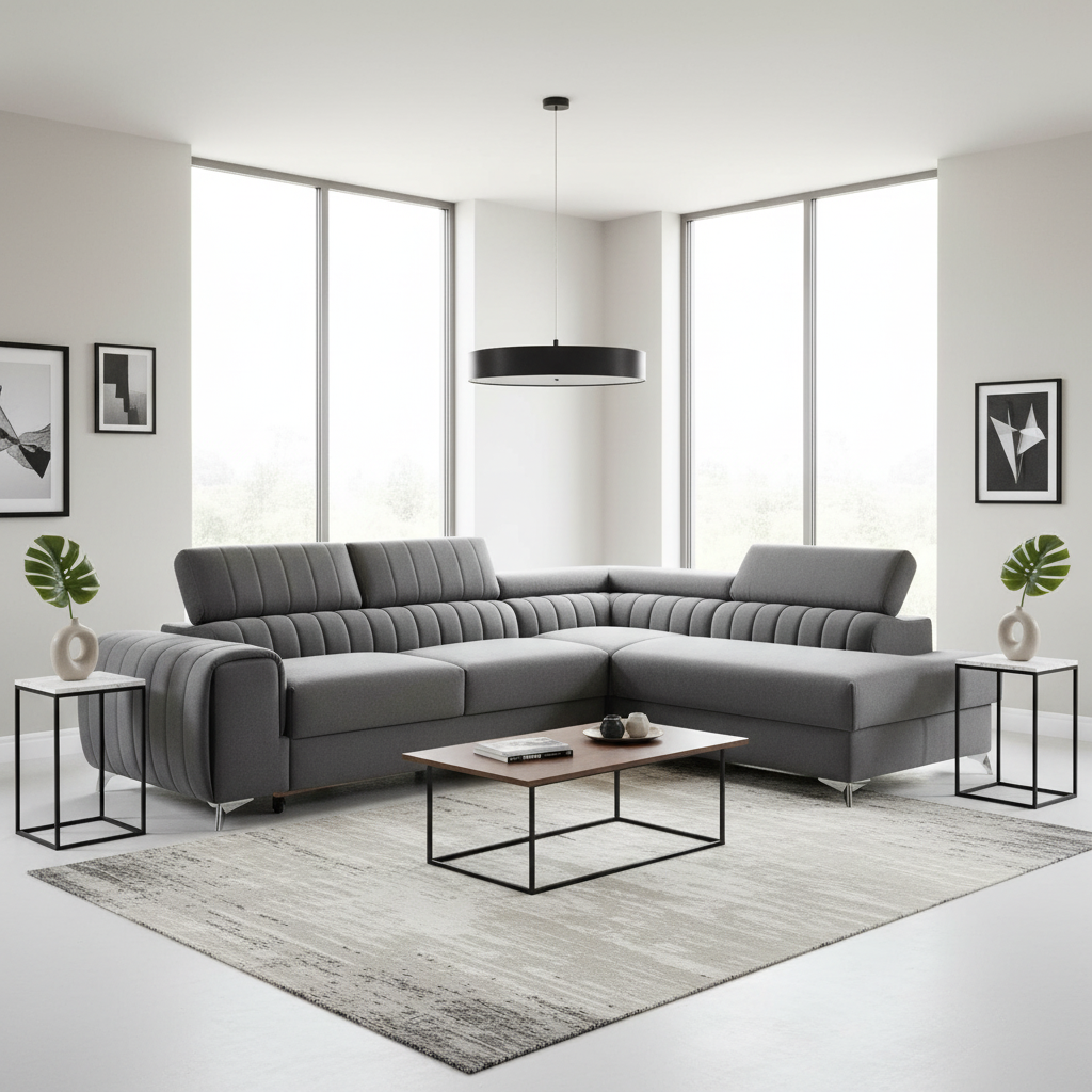 Canapé d'angle convertible LES TENDANCES Loza 5 places en velours Gris avec coffre