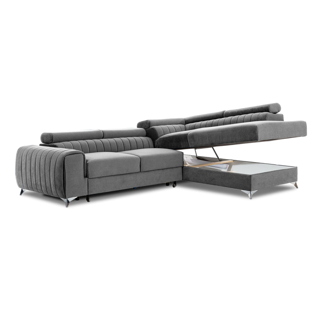 Canapé d'angle convertible LES TENDANCES Loza 5 places en velours Gris avec coffre