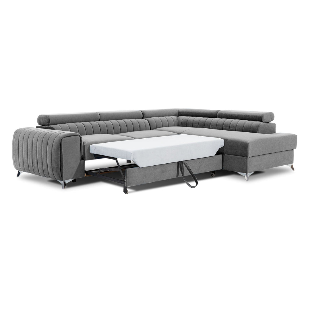 Canapé d'angle convertible LES TENDANCES Loza 5 places en velours Gris avec coffre