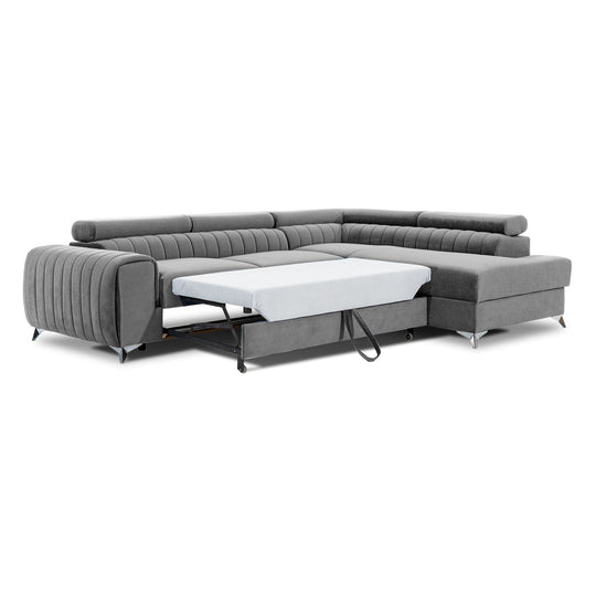 Canapé d'angle convertible LES TENDANCES Loza 5 places en velours Gris avec coffre