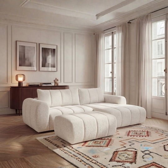 Canapé d'angle droit BOBOCHIC Nesty 3 places en tissu chiné beige avec pouf