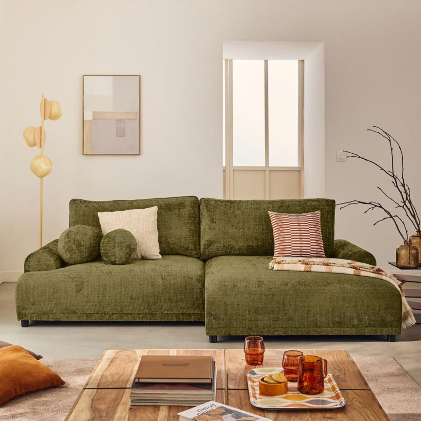 Canapé d'angle droit convertible BEST MOBILIER Nelly 4 places avec coffre en velours texturé Vert olive