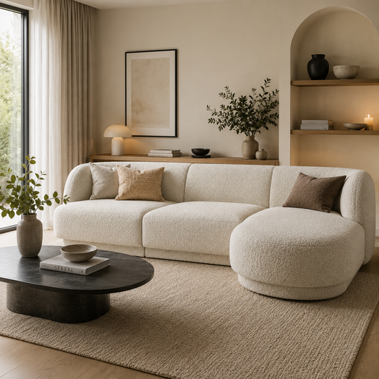 Canapé d'angle droit MICADONI Miley 4 places en tissu bouclé blanc