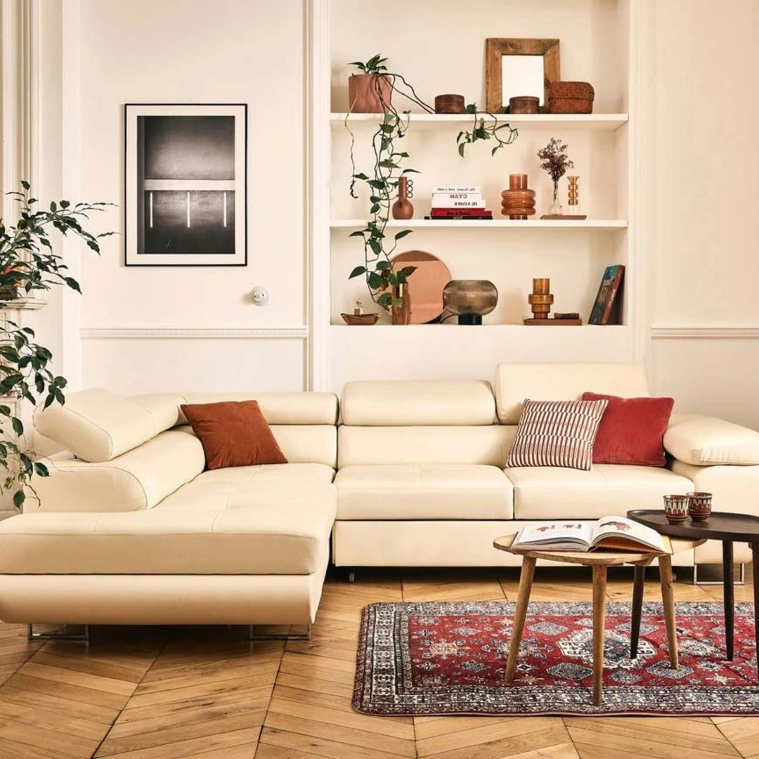 Canapé d'angle gauche convertible BEST MOBILIER Zaria 5 places avec coffre et têtières en cuir vegan beige