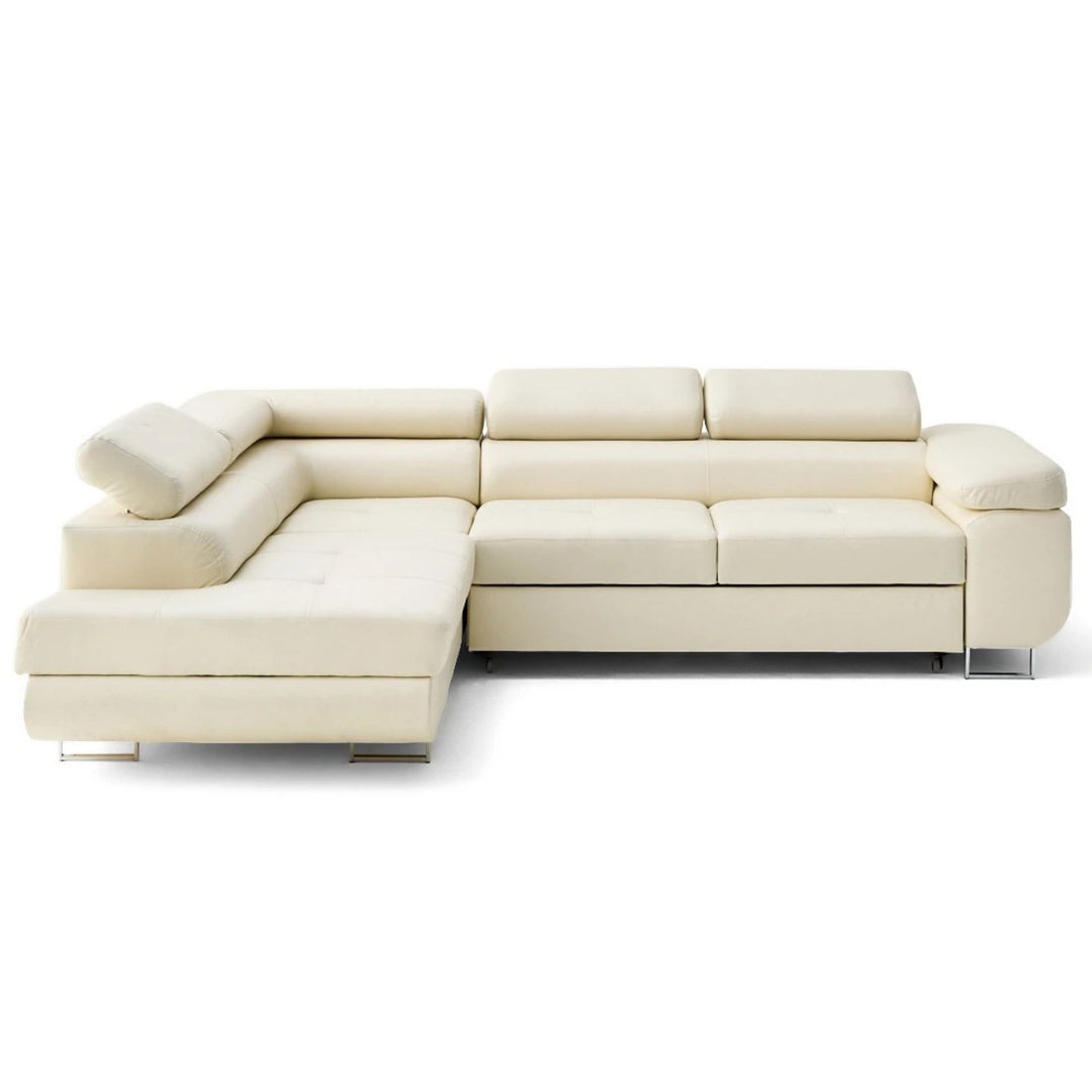 Canapé d'angle gauche convertible BEST MOBILIER Zaria 5 places avec coffre et têtières en cuir vegan beige