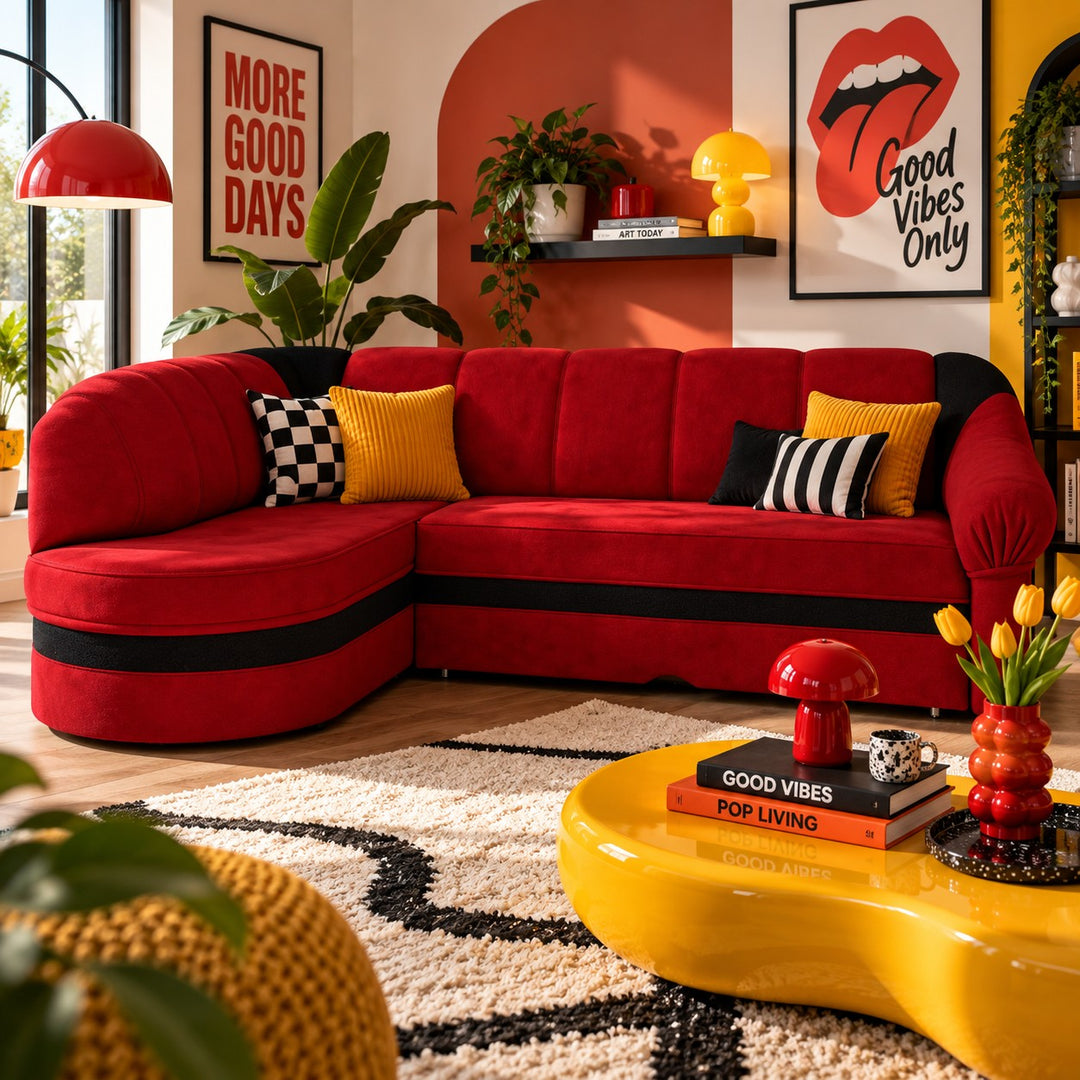Canapé d'angle gauche convertible LES TENDANCES Sundy 4 places en tissu rouge et noir