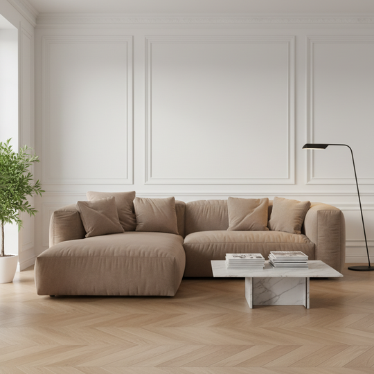 Canapé d'angle gauche MICADONI Martina 4 places en velours beige foncé