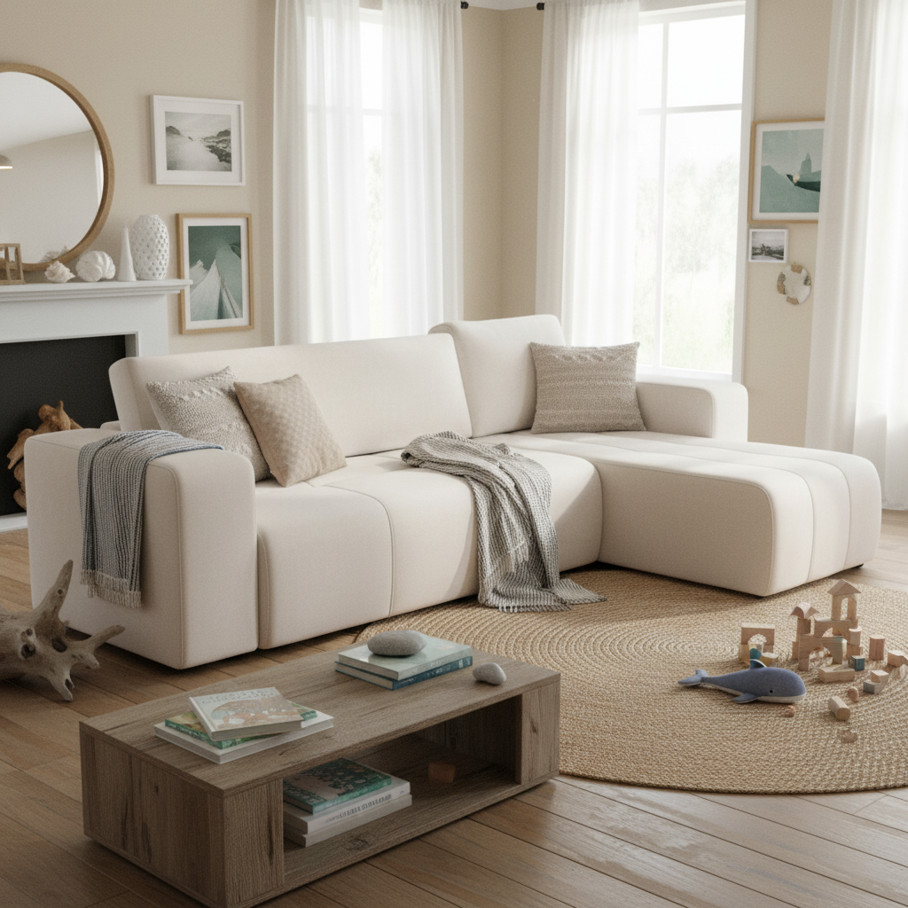 Canapé d'angle réversible convertible BEST MOBILIER Nicole 4 places avec coffre en tissu beige