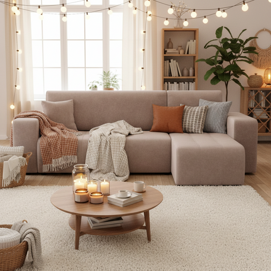 Canapé d'angle réversible convertible BEST MOBILIER Nicole 4 places avec coffre en tissu taupe