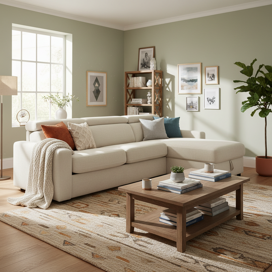 Canapé d'angle réversible convertible BOBOCHIC Monaco en tissu lisse beige avec coffre de rangement