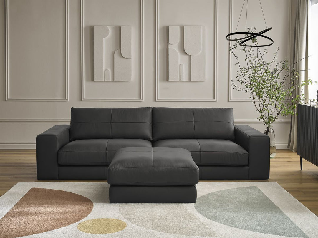 Canapé BOBOCHIC droit fixe 3 places LEONARD cuir de vache avec pouf noir