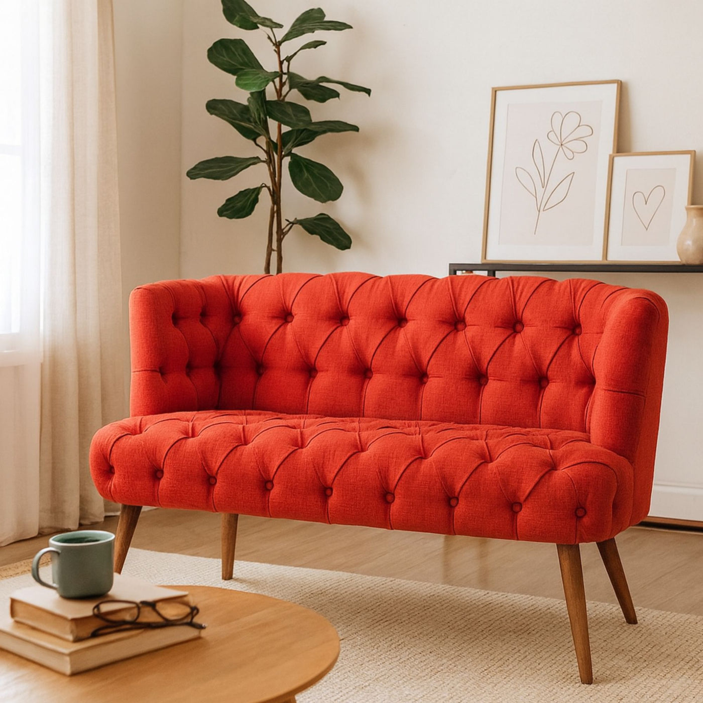 Canapé LES TENDANCES  2 places style Chesterfield en tissu rouge Wester 140 cm