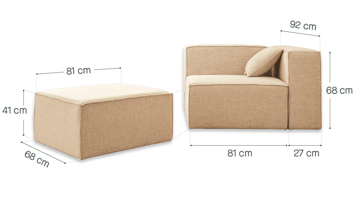 Canapé modulable KIPLI Aria 3 places avec pouf en tisssu caramel