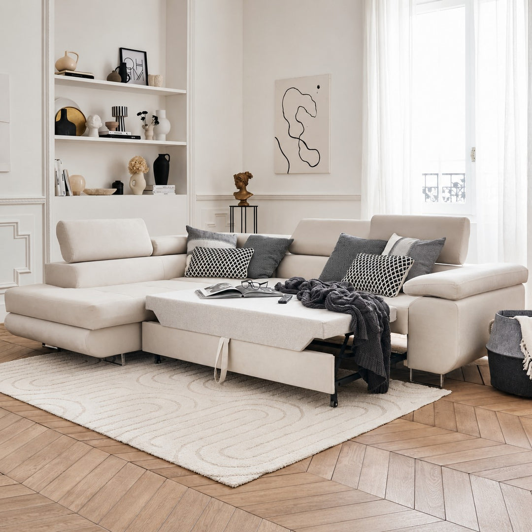 Canapé BESTMOBILIER Pablo Angle Gauche Velours Beige Convertible