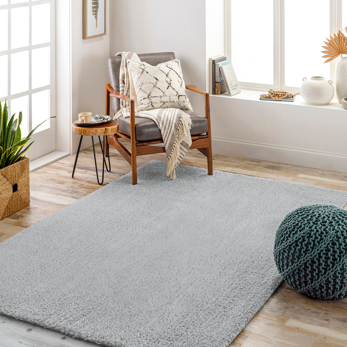 Tapis Rond Shaggy Moderne Gris Clair Rond Trento