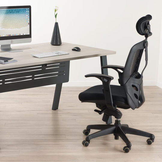 Chaise de bureau ergonomique Mikado tissu et maille Noir - dossier haut accoudoirs appui-tête soutien lombaire - mécanisme Synchrone - pieds Noir