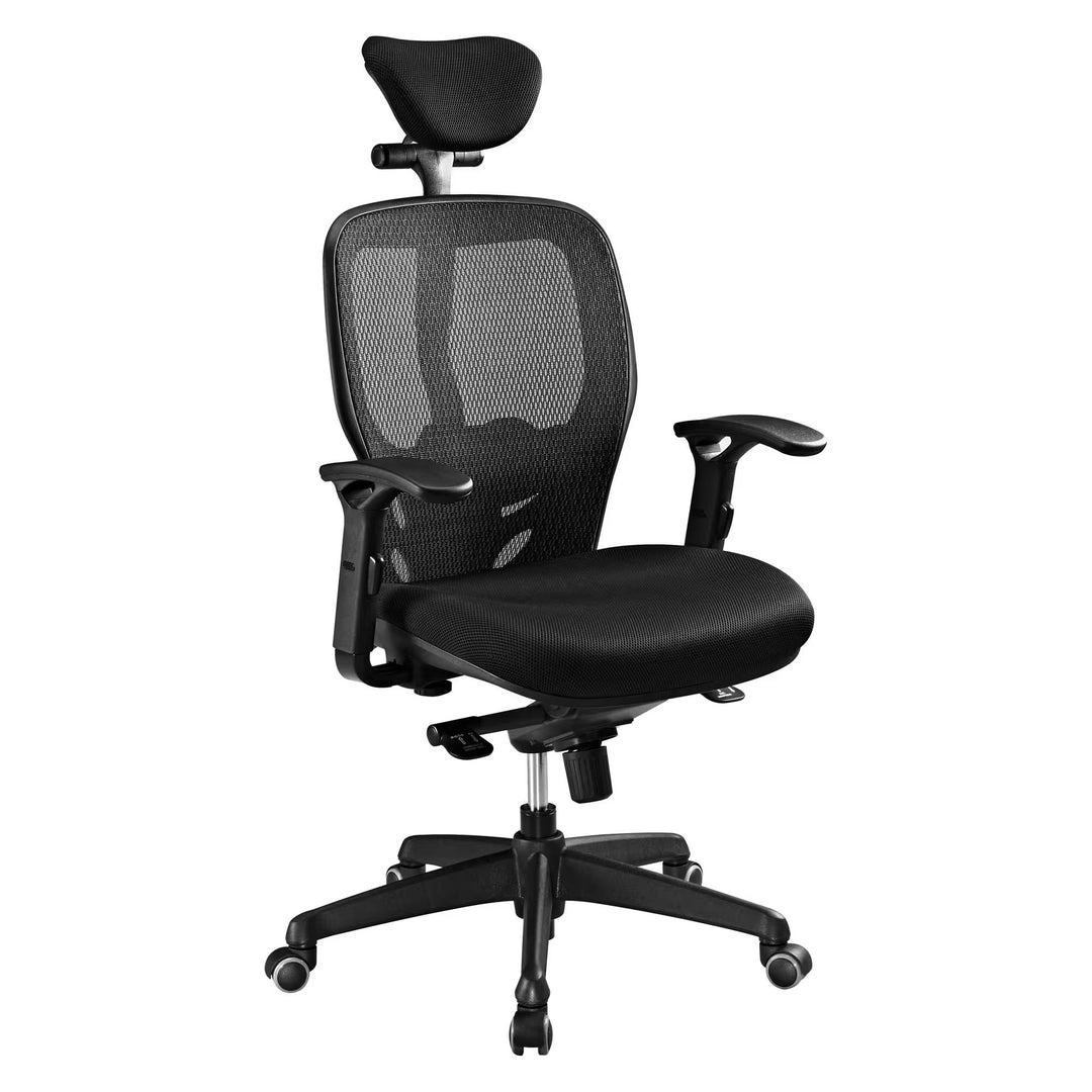 Chaise de bureau ergonomique Mikado tissu et maille Noir - dossier haut accoudoirs appui-tête soutien lombaire - mécanisme Synchrone - pieds Noir