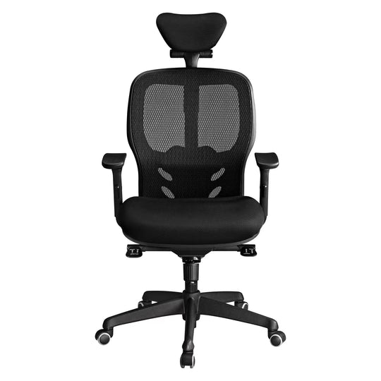 Chaise de bureau ergonomique Mikado tissu et maille Noir - dossier haut accoudoirs appui-tête soutien lombaire - mécanisme Synchrone - pieds Noir
