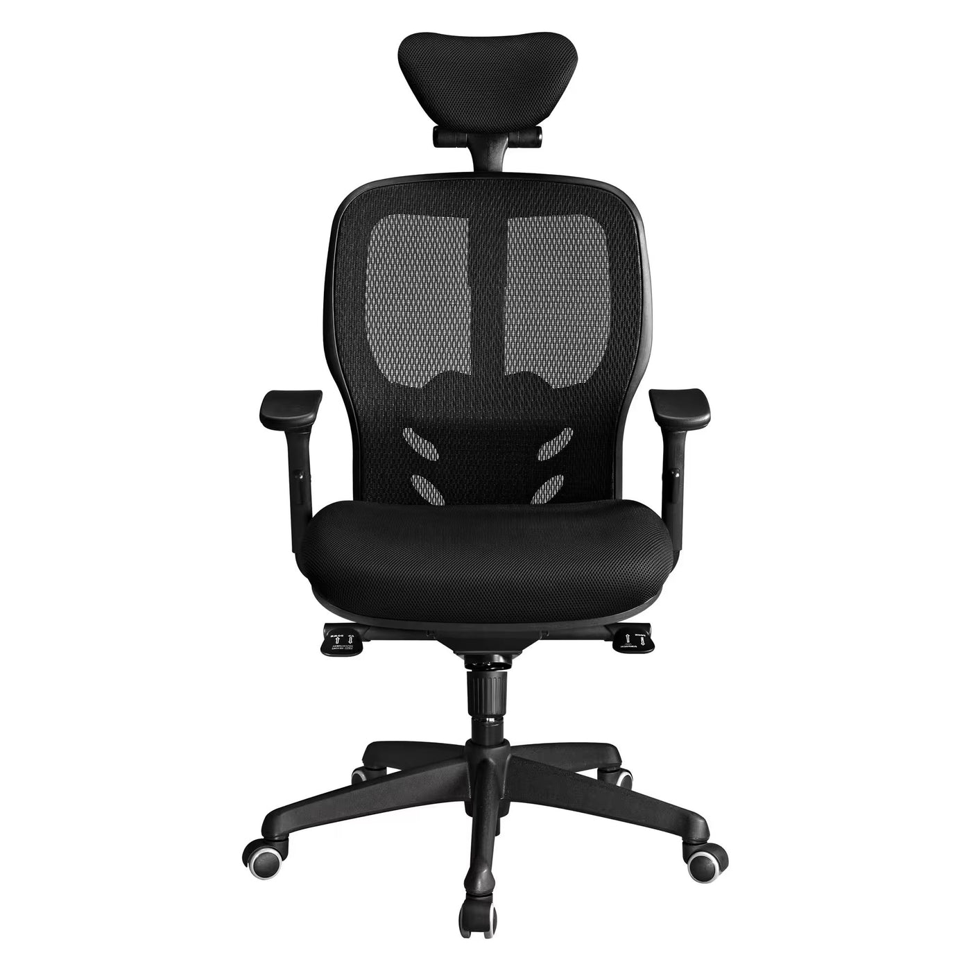 Chaise de bureau ergonomique Mikado tissu et maille noir - dossier haut accoudoirs appui-tête soutien lombaire - mécanisme Synchrone - pieds noir