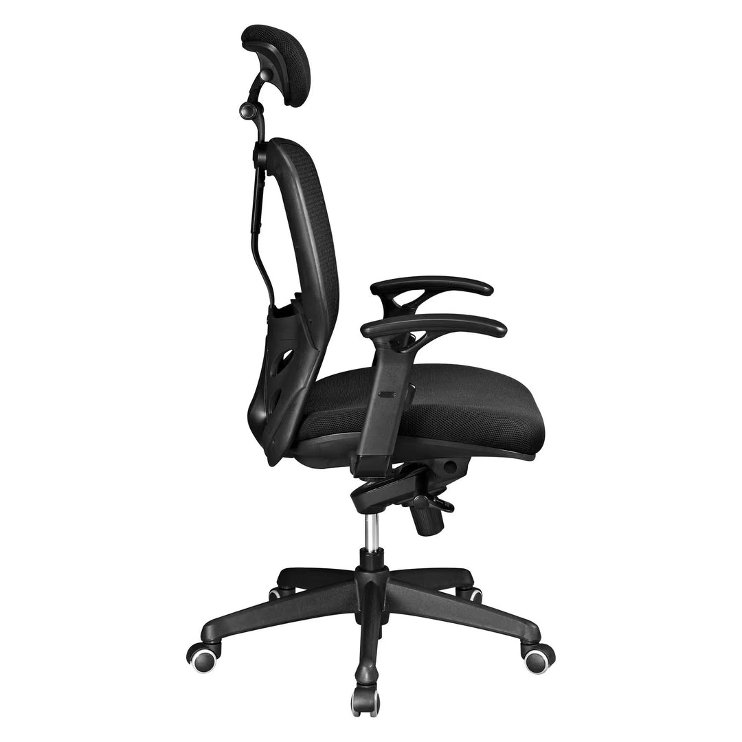 Chaise de bureau ergonomique Mikado tissu et maille Noir - dossier haut accoudoirs appui-tête soutien lombaire - mécanisme Synchrone - pieds Noir