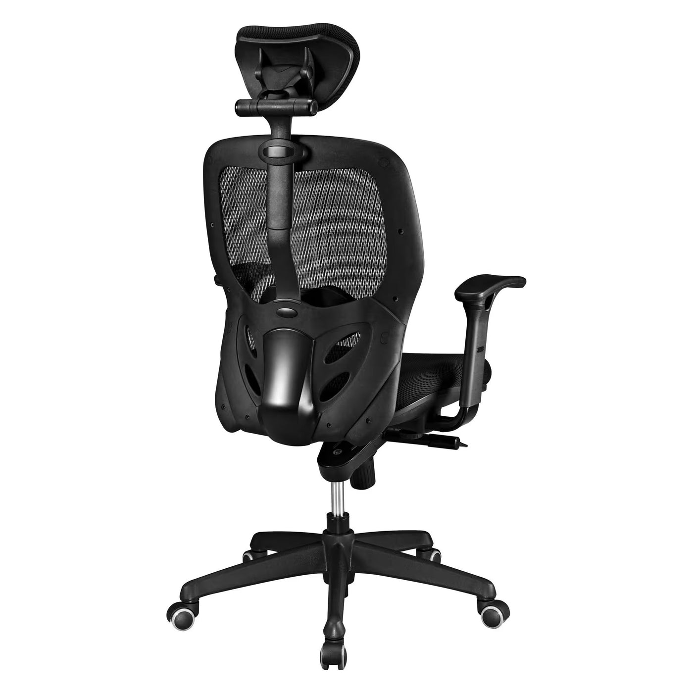 Chaise de bureau ergonomique Mikado tissu et maille noir - dossier haut accoudoirs appui-tête soutien lombaire - mécanisme Synchrone - pieds noir