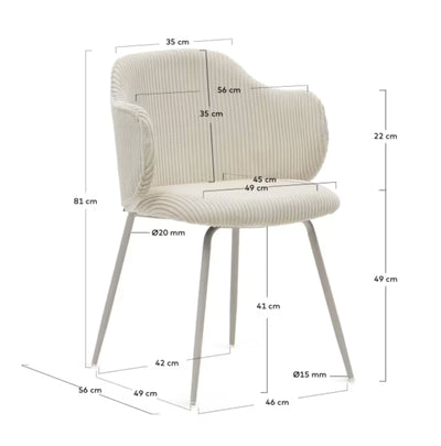 Lot de 2 Chaises KAVE HOME Yunia en velours grosses côtes beige avec pieds en acier finition peinture beige FSC 100%