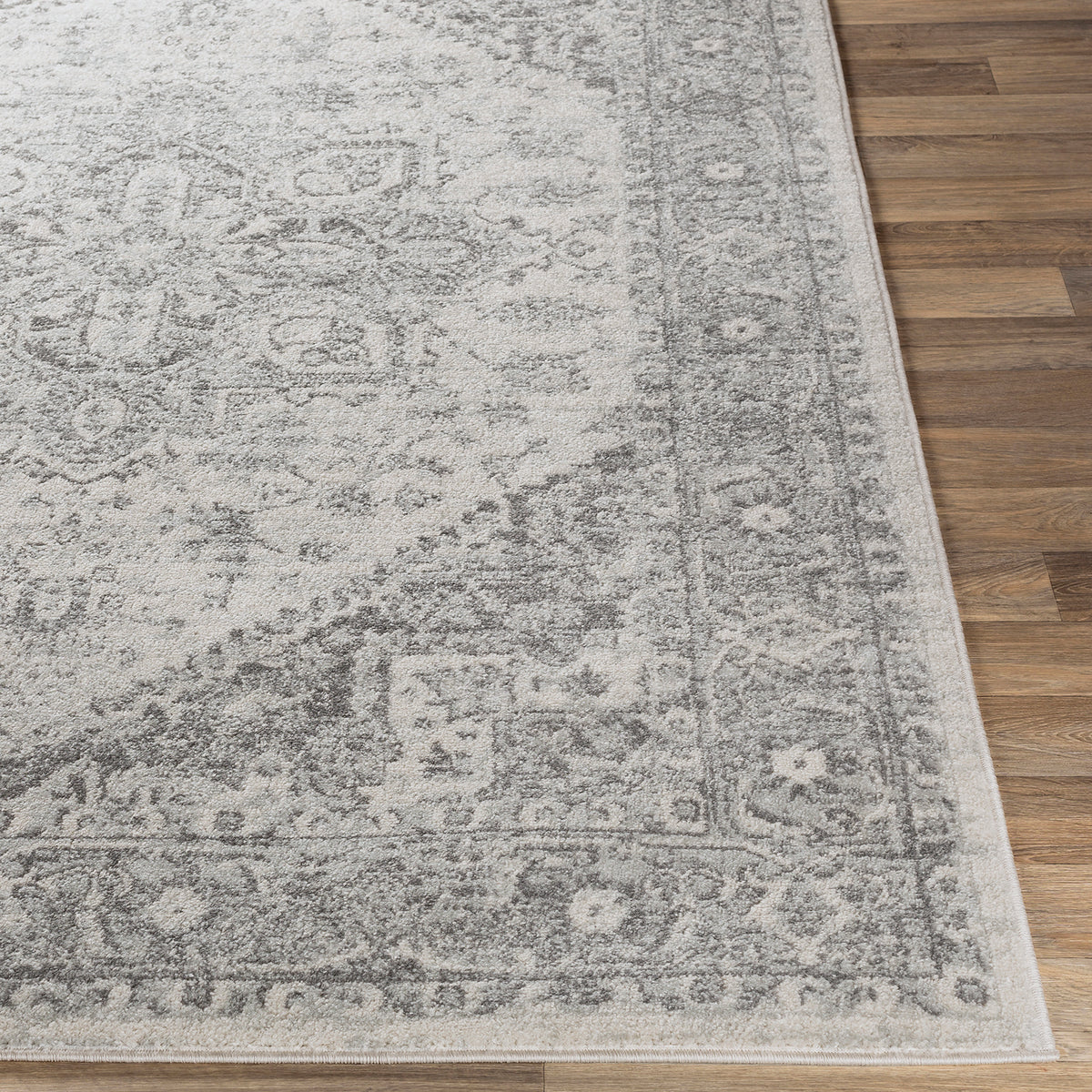 Tapis rond SURYA Mendoza vintage oriental, motif médaillon gris sur fond clair, vue 5