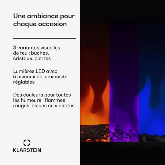 Cheminée électrique Klarstein Galeras Smart Effet de Flamme Murale 1800 W LED Réaliste