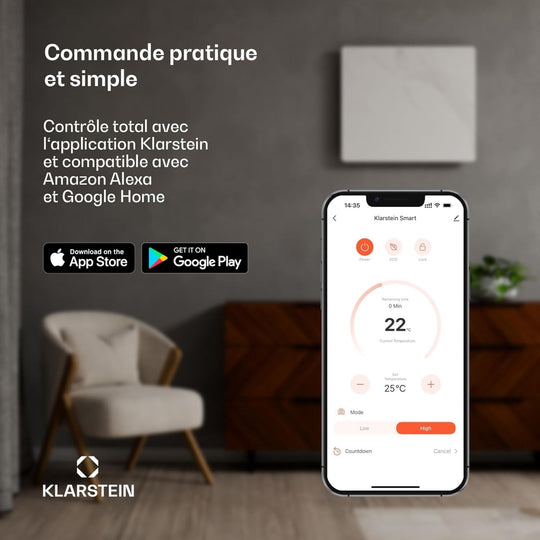 Cheminée électrique Klarstein Galeras Smart Effet de Flamme Murale 1800 W LED Réaliste