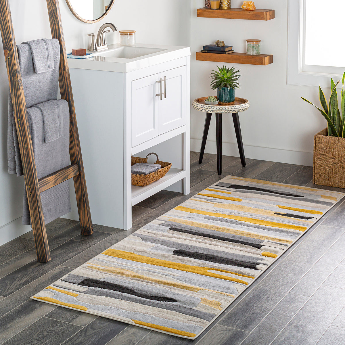 Tapis de couloir SURYA Houston pop, motif bandes moutarde, gris et noir