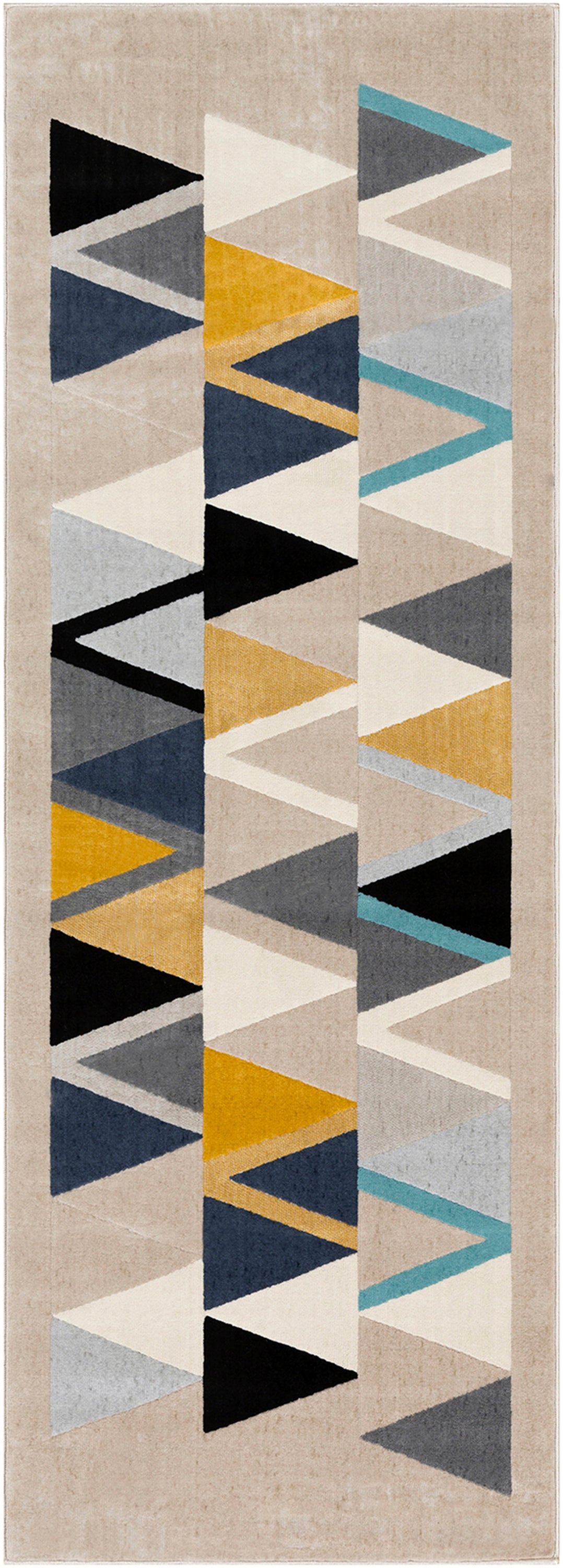 Tapis de couloir SURYA Milano scandinave, motif triangles moutarde, bleu, noir et gris sur fond beige, vue 2
