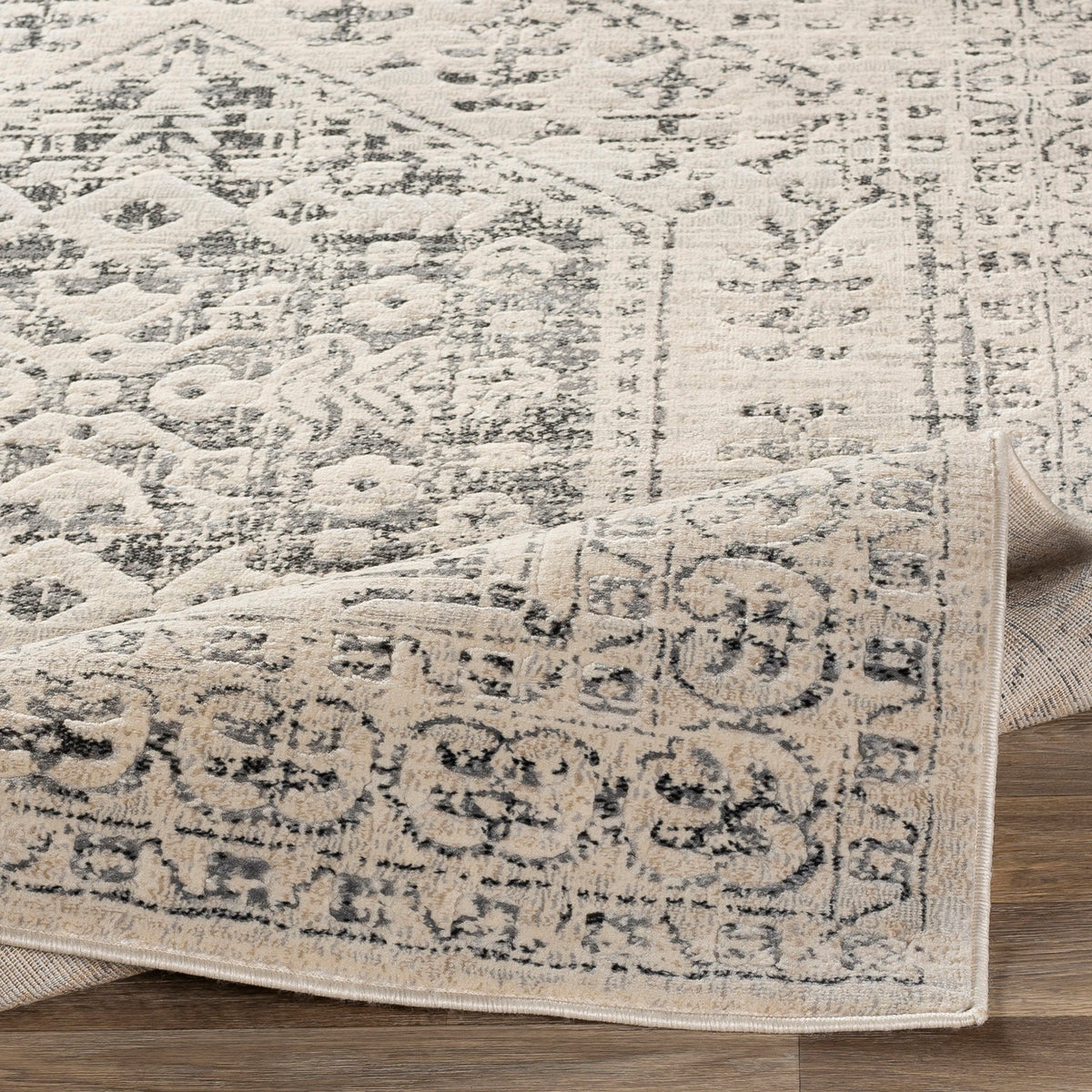 Tapis de couloir SURYA Nephi oriental vintage, médaillons anthracite sur fond beige clair, vue 4