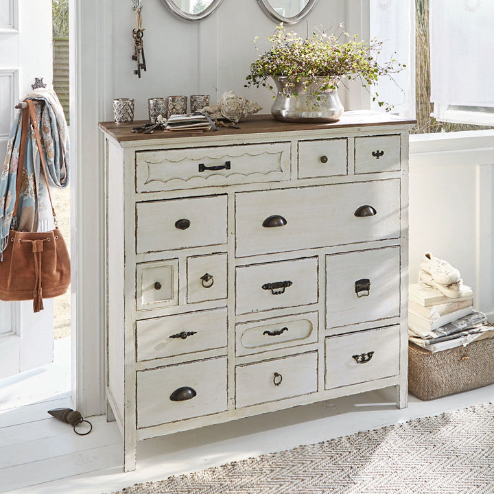 Commode Grayson blanc vieilli plateau bois LOBERON
