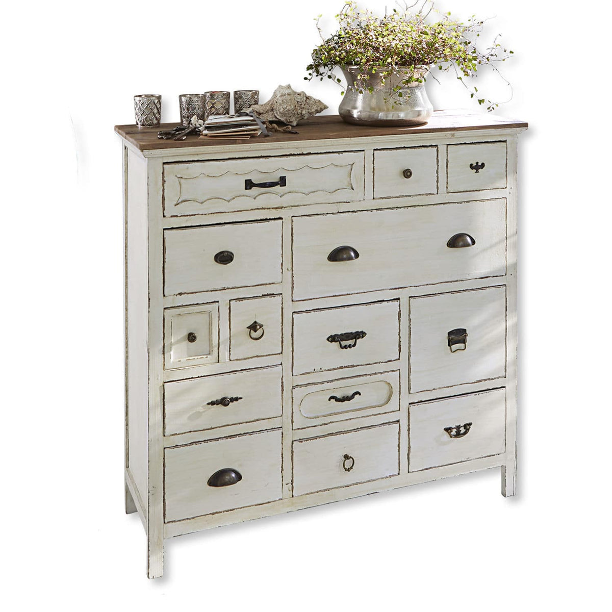 Commode Grayson blanc vieilli plateau bois LOBERON — photo produit