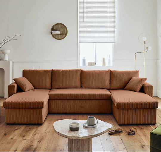 Canapé BEST MOBILIER Cyrus 7 places panoramique velours côtelé Terracotta