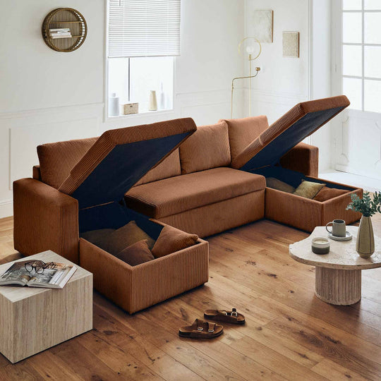 Canapé BEST MOBILIER Cyrus 7 places panoramique velours côtelé Terracotta