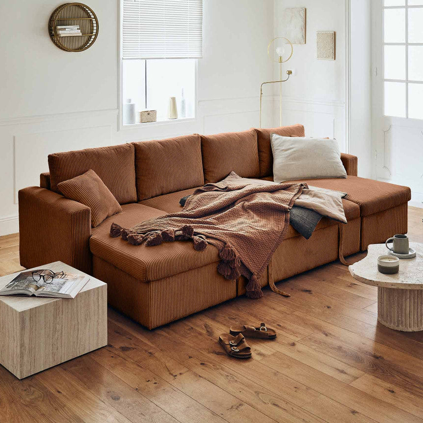 Canapé BEST MOBILIER Cyrus 7 places panoramique velours côtelé Terracotta