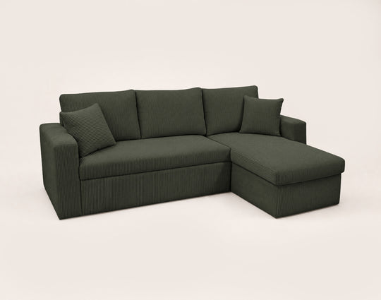 Canapé d’angle CYRUS 4 places convertible avec coffre en velours côtelé vert – Best Mobilier — photo produit